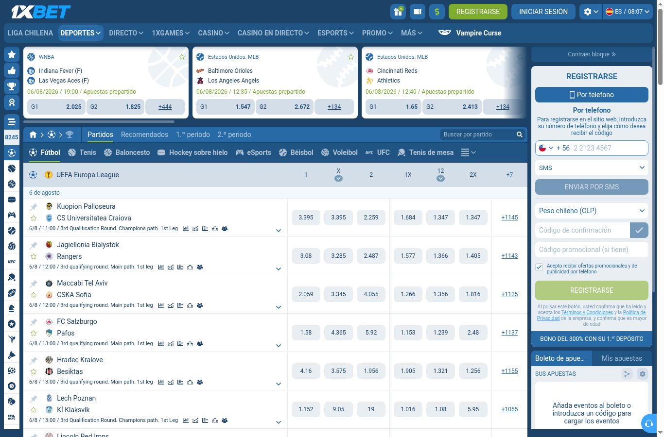 Sección de apuestas deportivas de 1xBet vista desde Chile (agosto 2026)