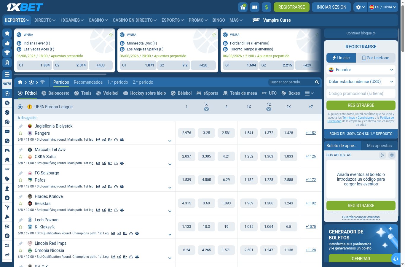 Sección de apuestas deportivas de 1xBet vista desde Ecuador (agosto 2026)