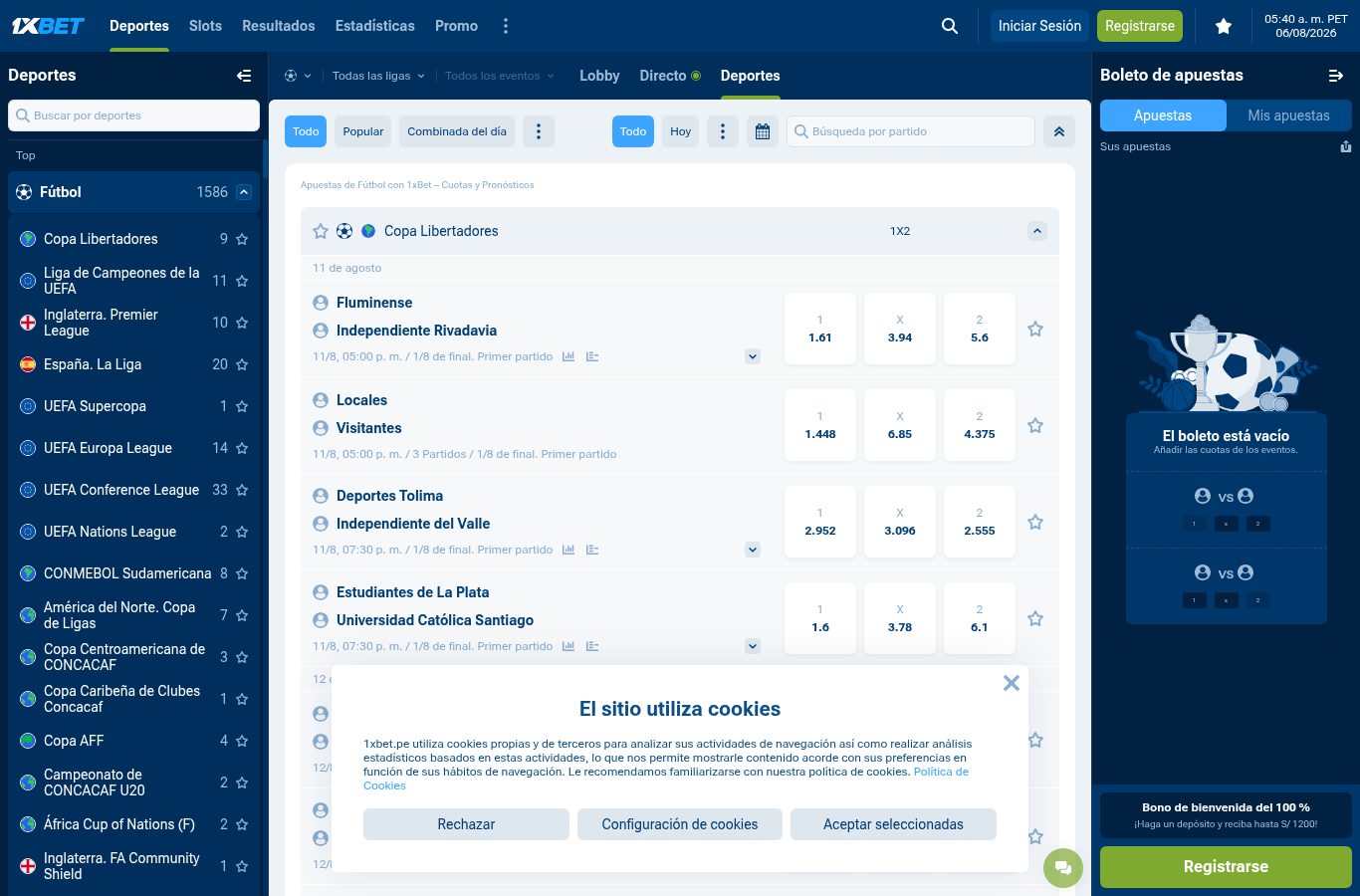 Sección de apuestas deportivas de 1xBet vista desde Perú (agosto 2026)