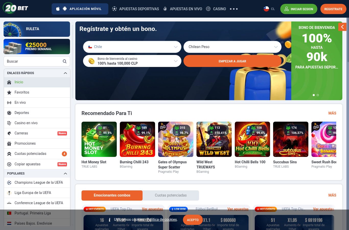 Sección de apuestas deportivas de 20Bet vista desde Chile (agosto 2026)