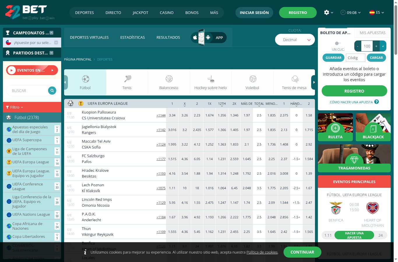 Sección de apuestas deportivas de 22Bet vista desde Chile (agosto 2026)
