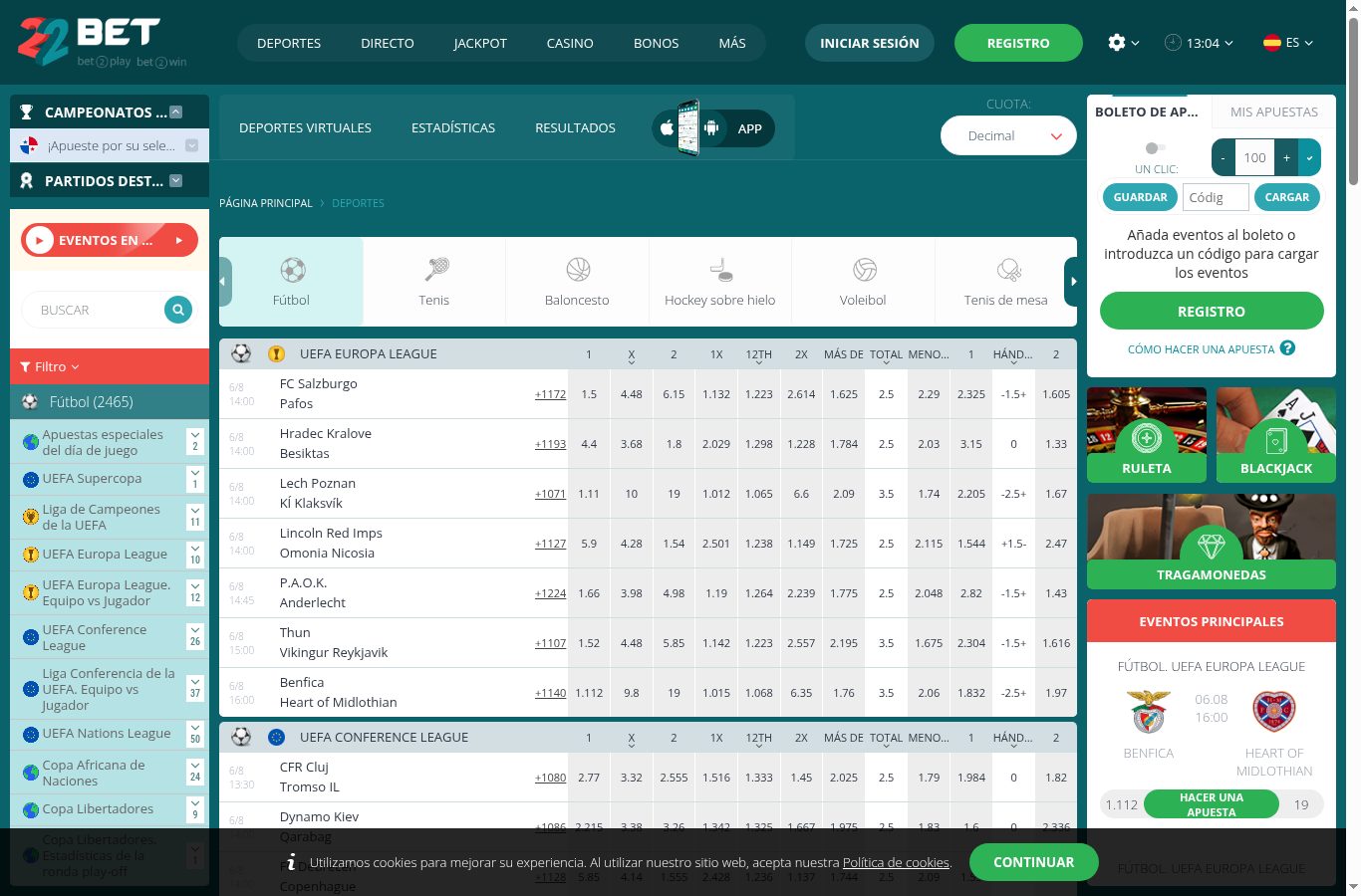 Sección de apuestas deportivas de 22Bet vista desde Panamá (agosto 2026)