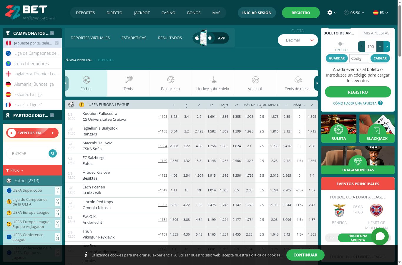 Sección de apuestas deportivas de 22Bet vista desde Perú (agosto 2026)