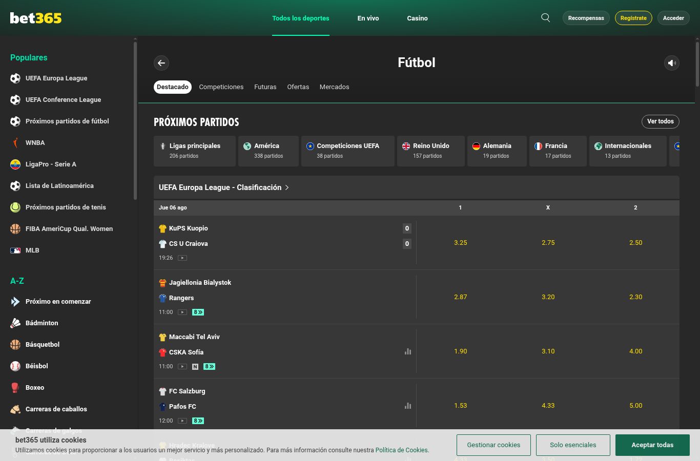 Sección de apuestas deportivas de Bet365 vista desde Ecuador (agosto 2026)