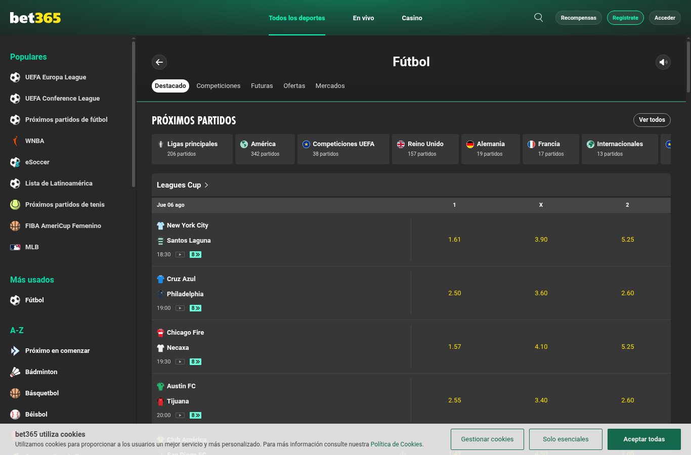 Sección de apuestas deportivas de Bet365 vista desde Panamá (agosto 2026)