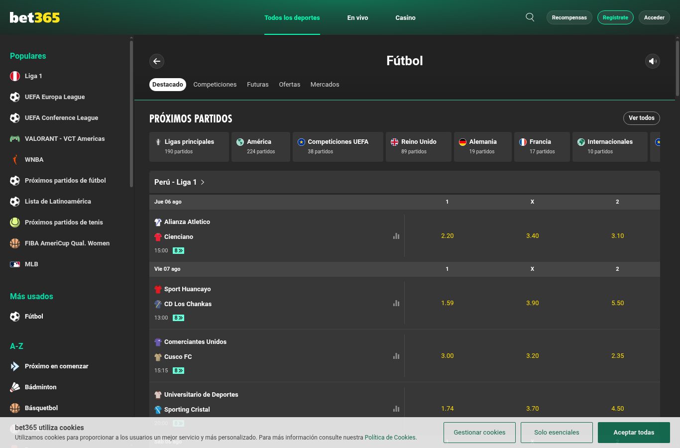 Sección de apuestas deportivas de bet365 vista desde Perú (agosto 2026)