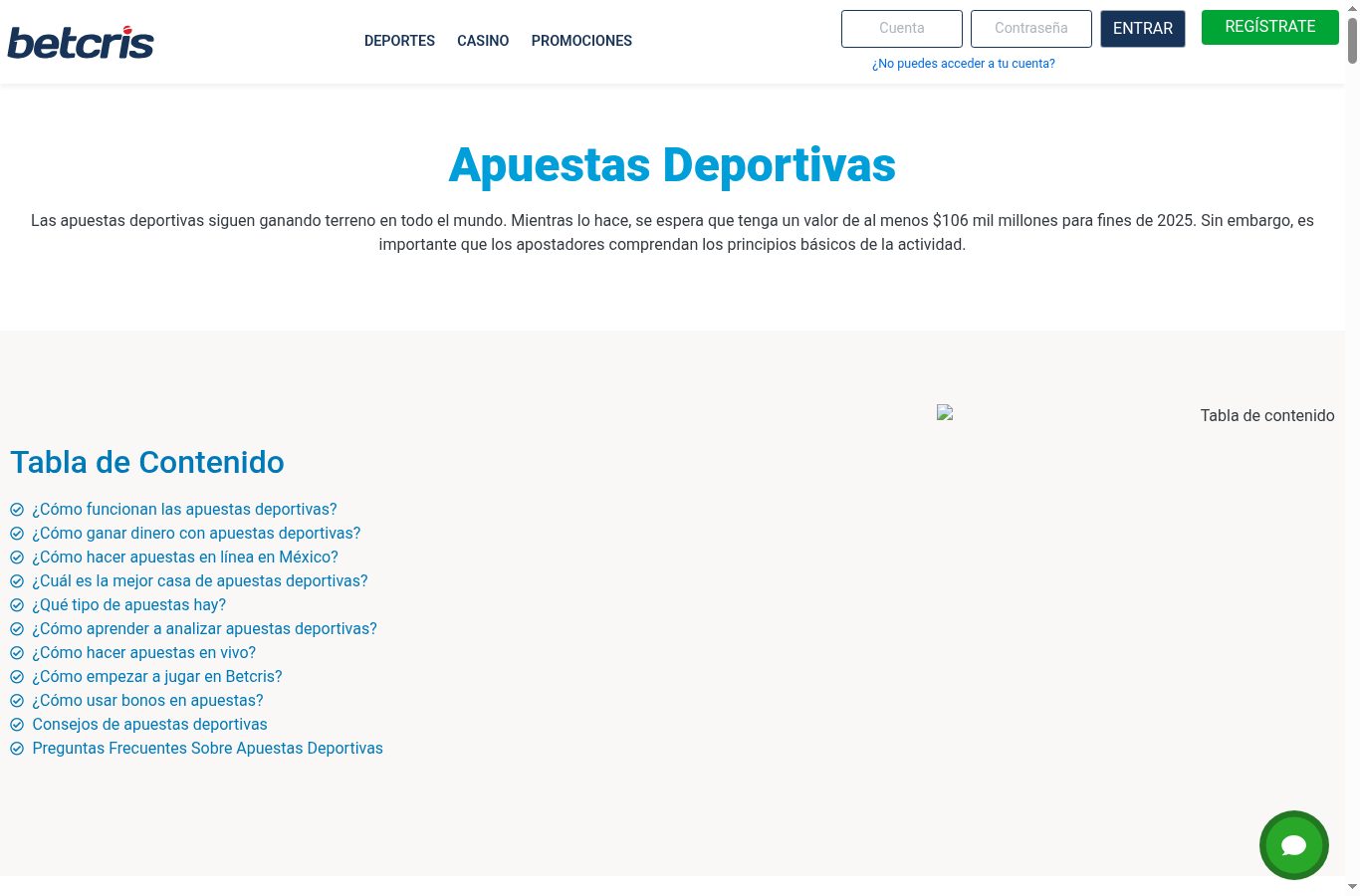 Sección de apuestas deportivas de Betcris vista desde México (agosto 2026)