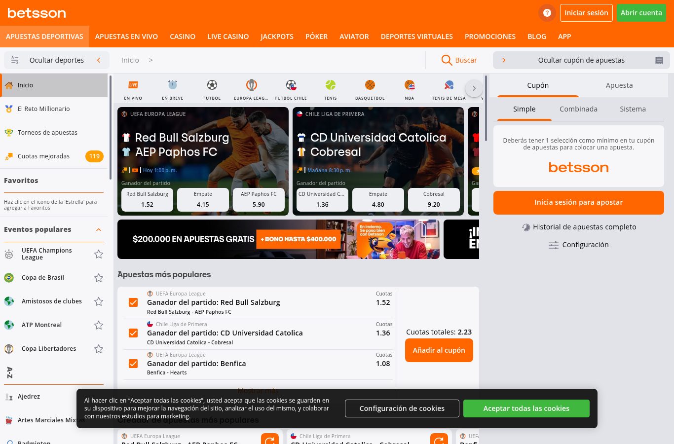 Sección de apuestas deportivas de Betsson vista desde Chile (agosto 2026)