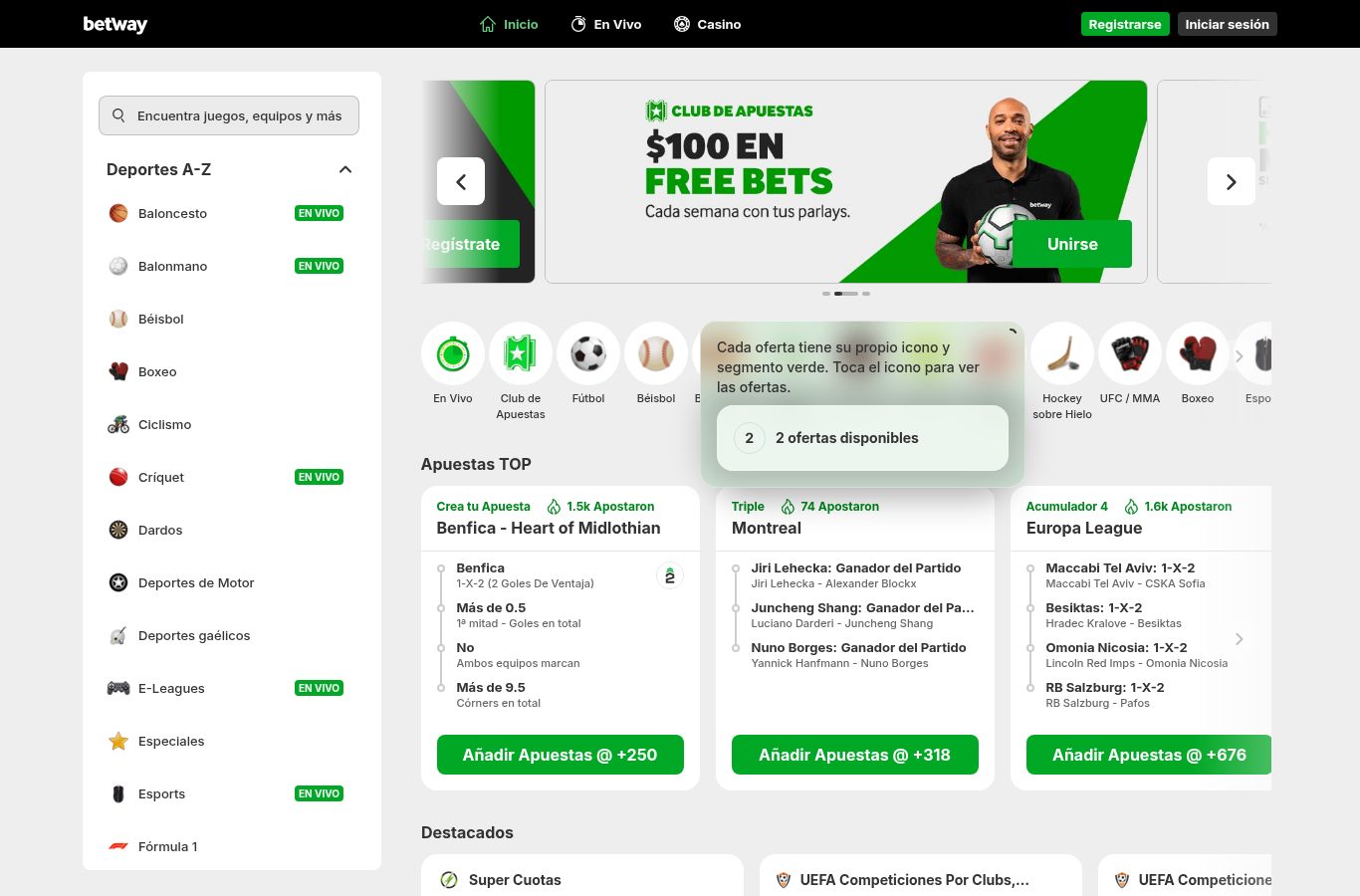 Sección de apuestas deportivas de Betway vista desde México (agosto 2026)