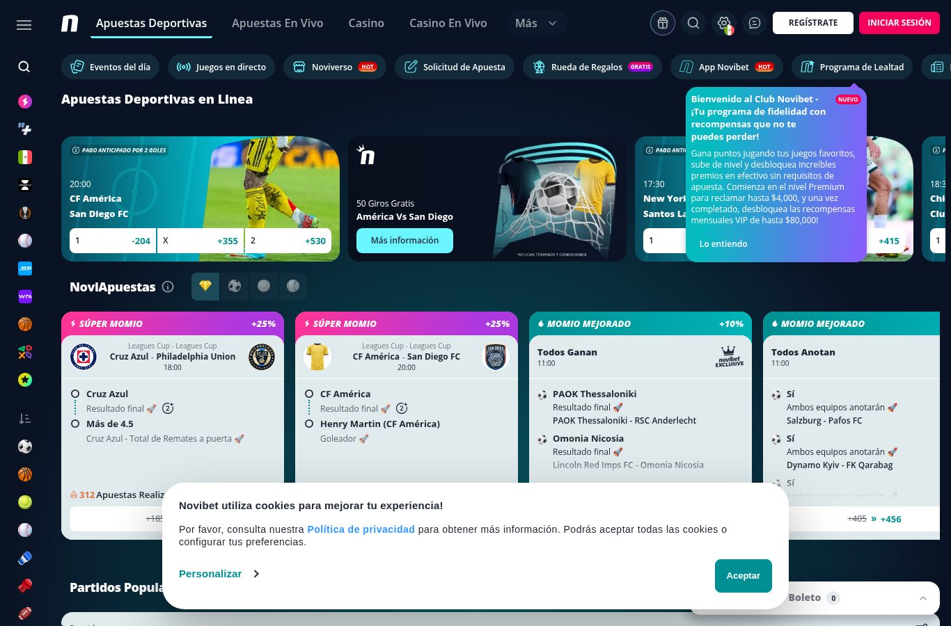 Sección de apuestas deportivas de Novibet vista desde México (agosto 2026)