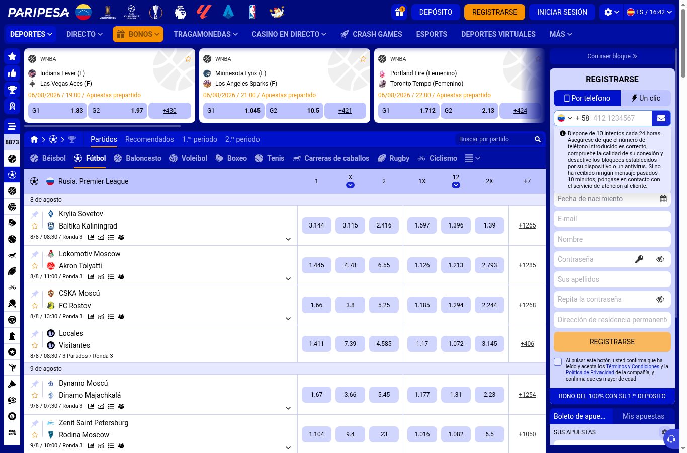 Sección de apuestas deportivas de Paripesa vista desde Venezuela (agosto 2026)