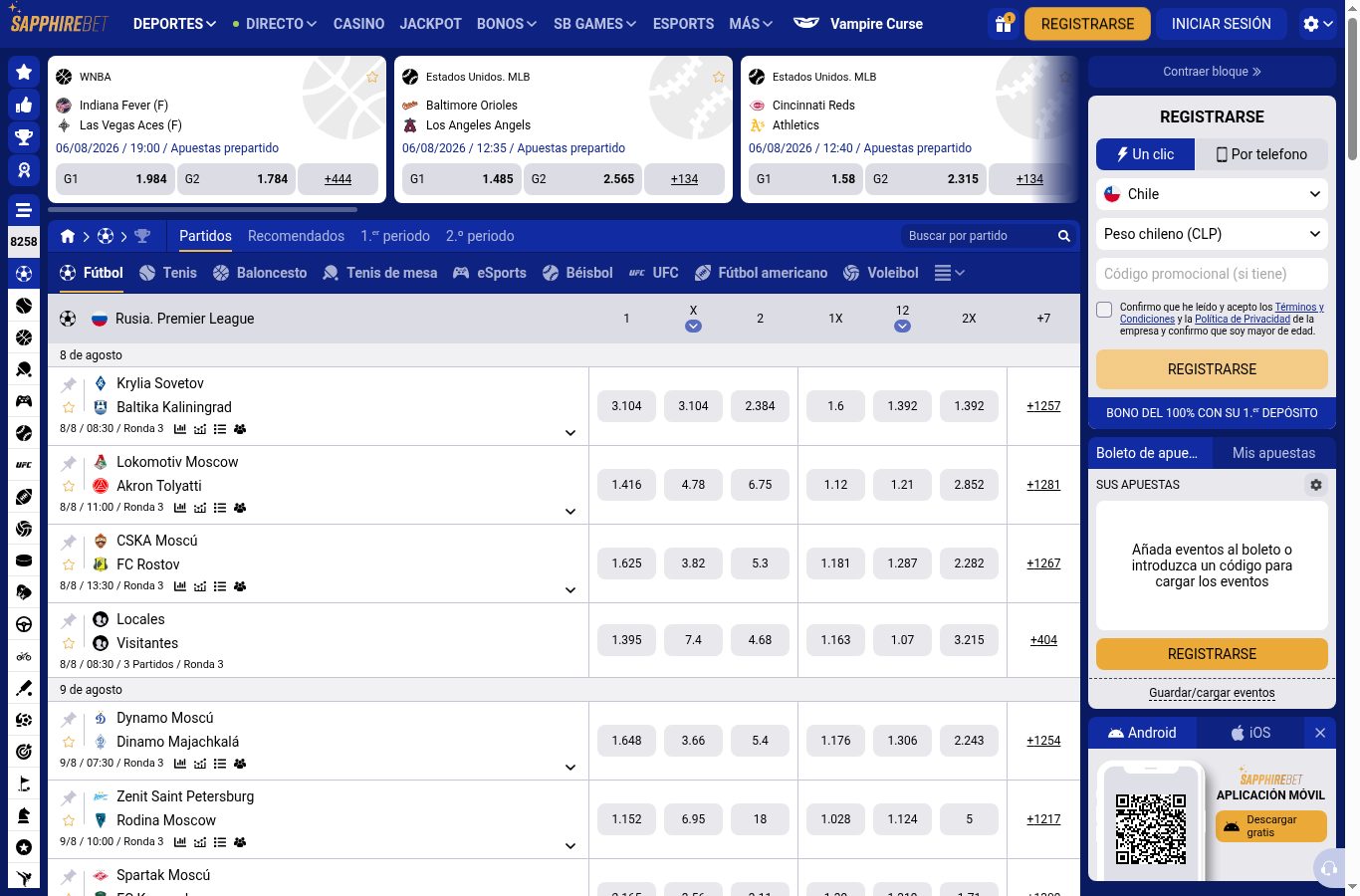 Sección de apuestas deportivas de SapphireBet vista desde Chile (agosto 2026)