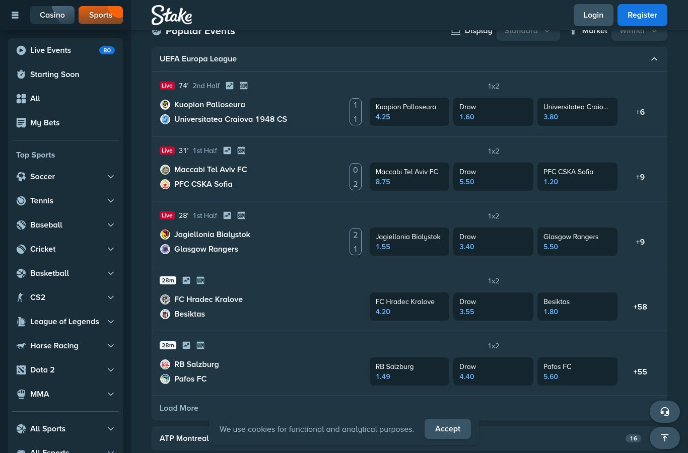 Sección de apuestas deportivas de Stake vista desde Venezuela (agosto 2026)