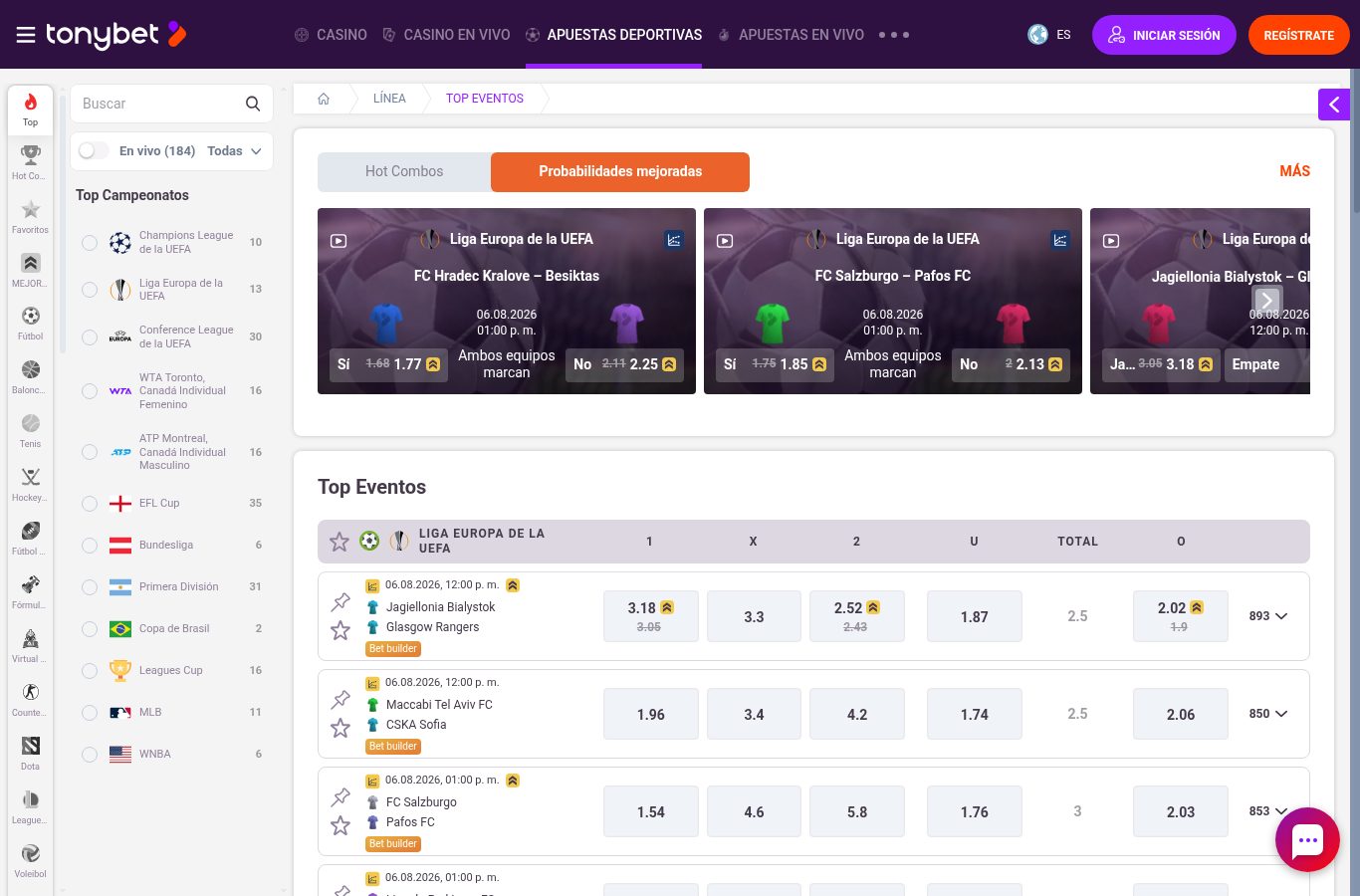 Sección de apuestas deportivas de TonyBet vista desde Chile (agosto 2026)