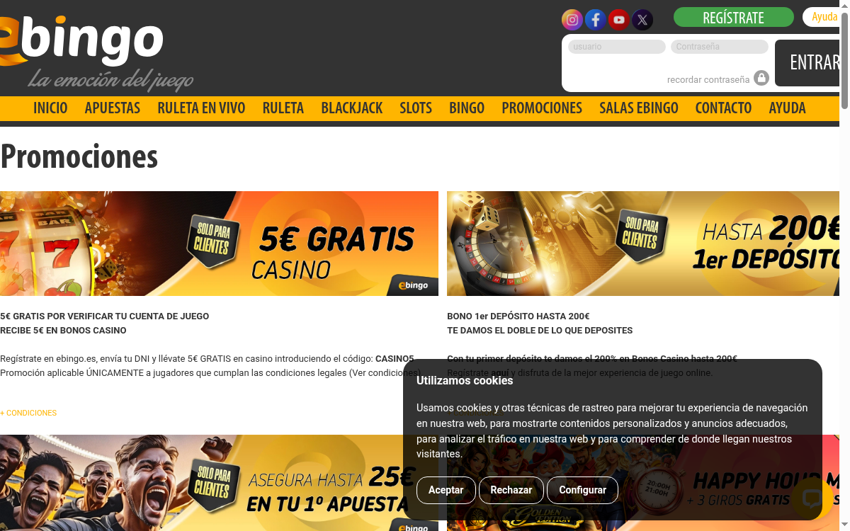 Página oficial de eBingo con la promoción de 5 € gratis por verificar la cuenta de juego
