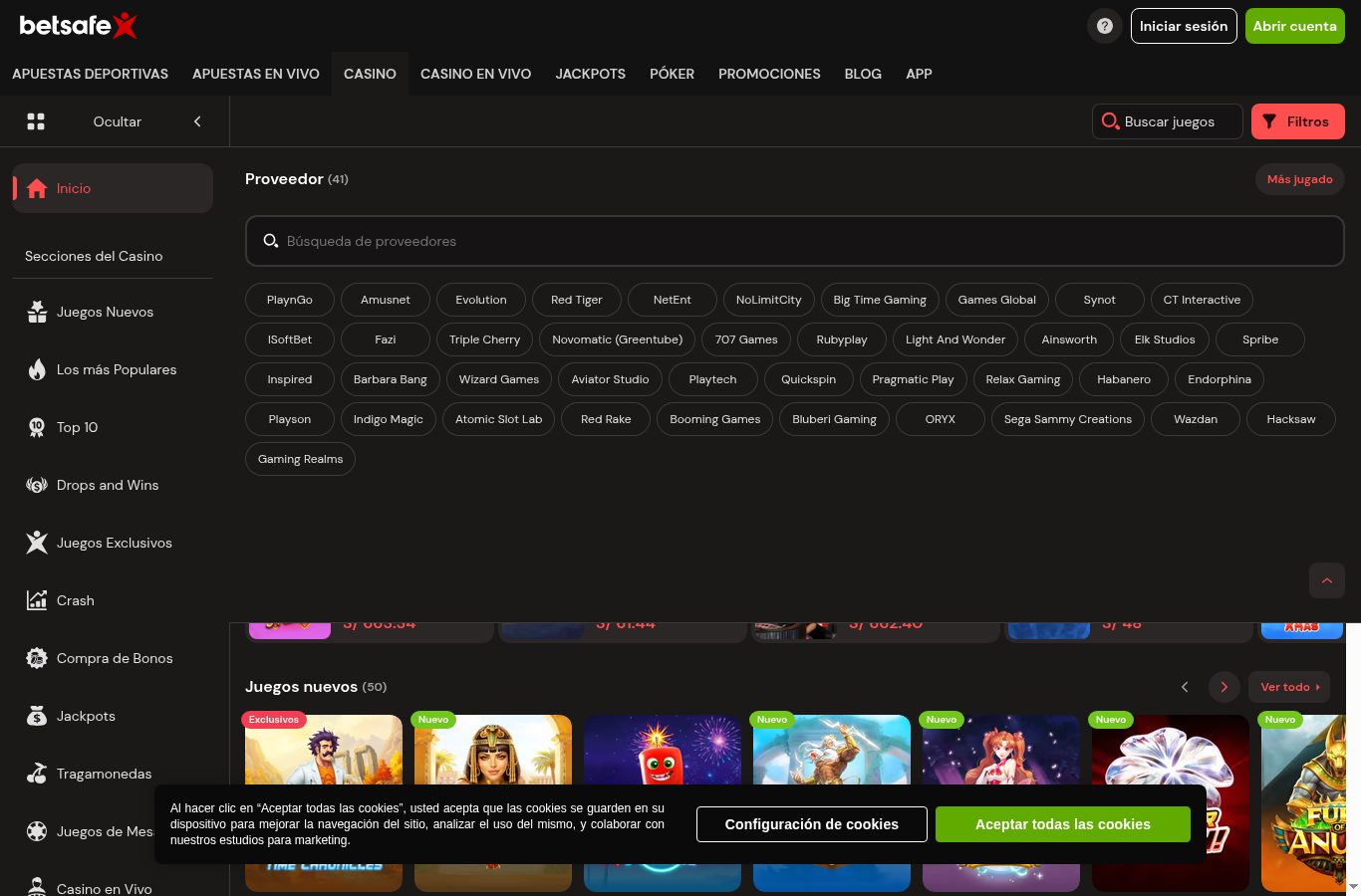 Filtros por proveedor del casino de Betsafe (agosto 2026)