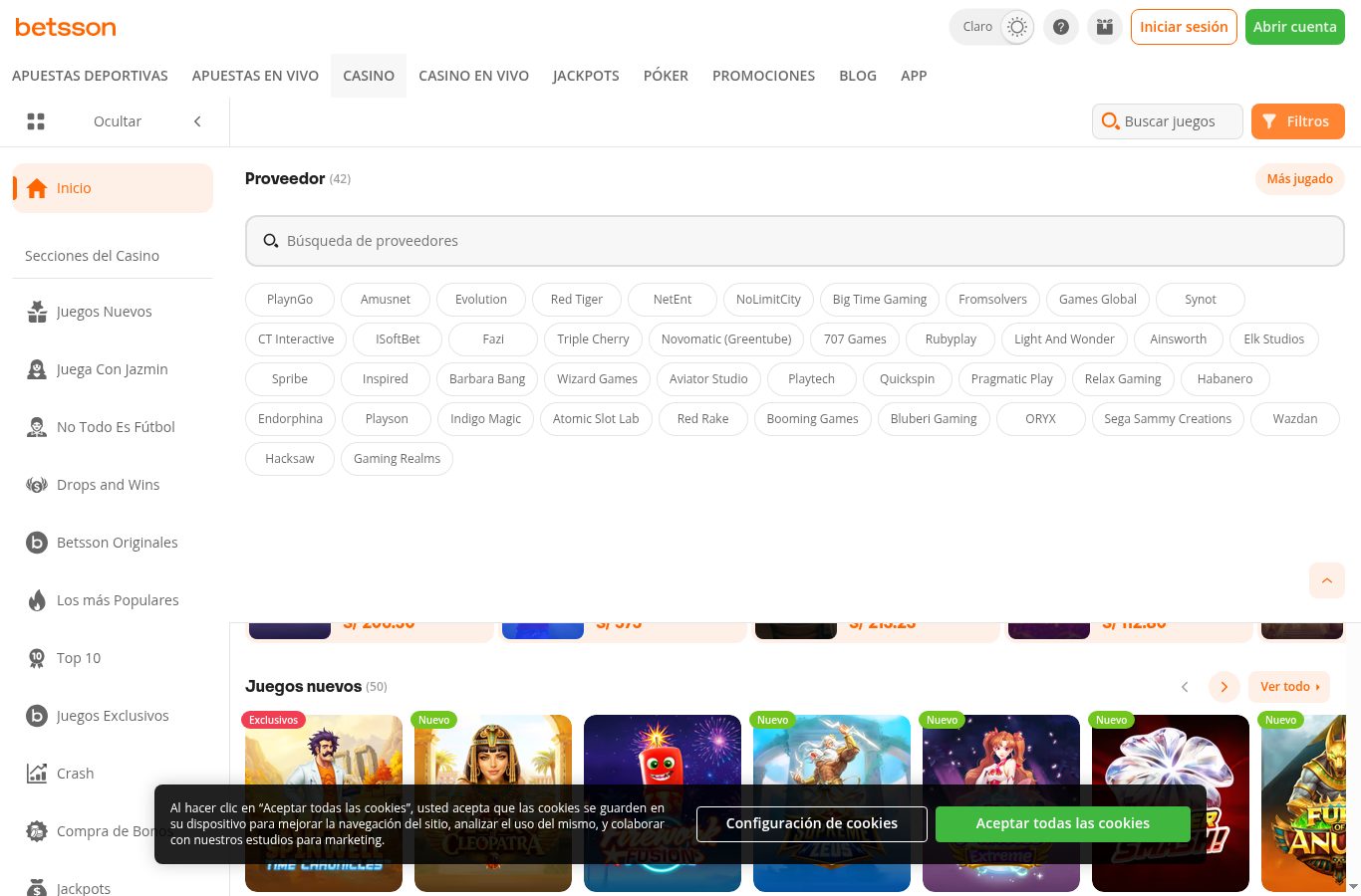 Filtros por proveedor del casino de Betsson (agosto 2026)