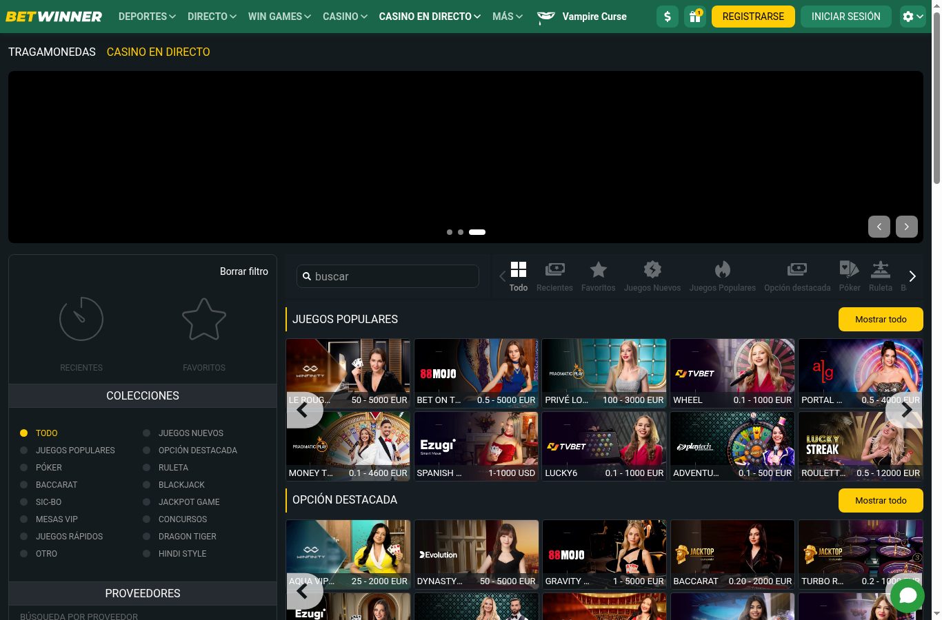 Filtros por proveedor del casino de BetWinner (agosto 2026)