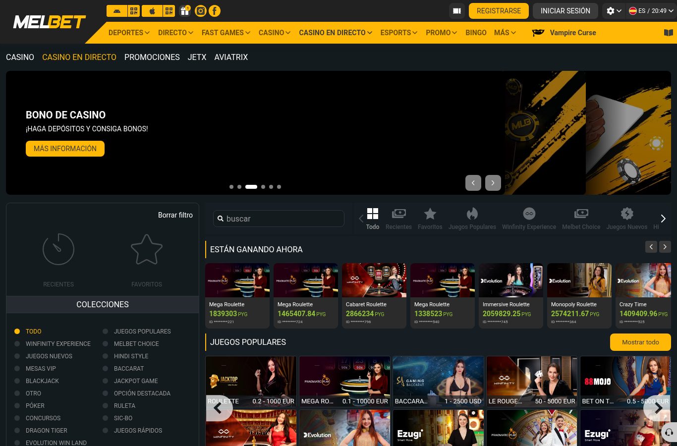 Colecciones y filtros del casino de MelBet: blackjack, ruleta, jackpots y más categorías