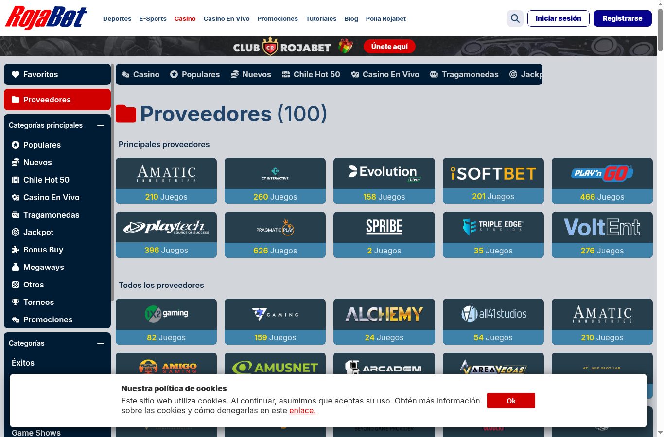 Filtros por proveedor del casino de RojaBet (agosto 2026)
