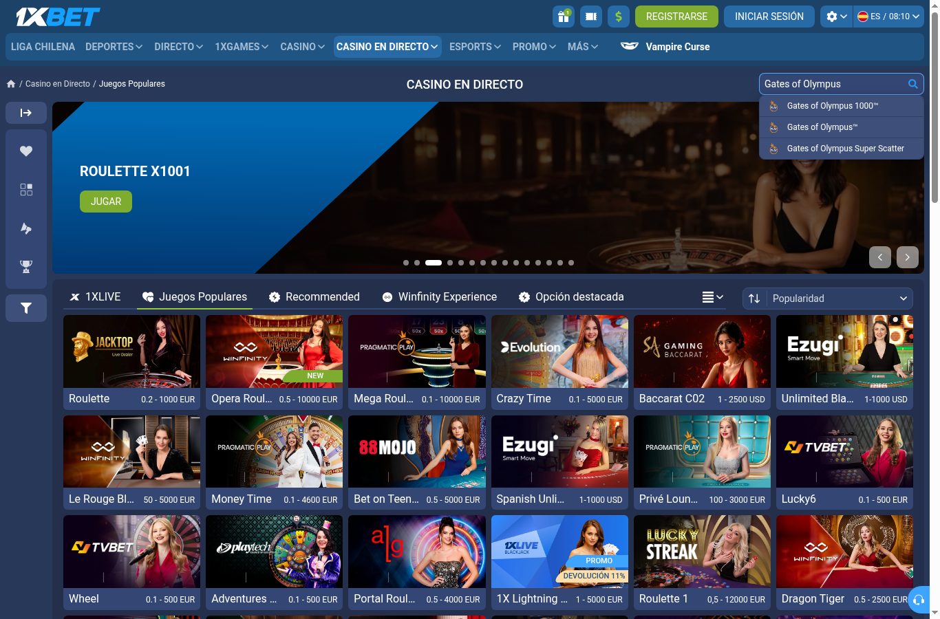 Búsqueda de juegos populares en el casino de 1xBet (agosto 2026)