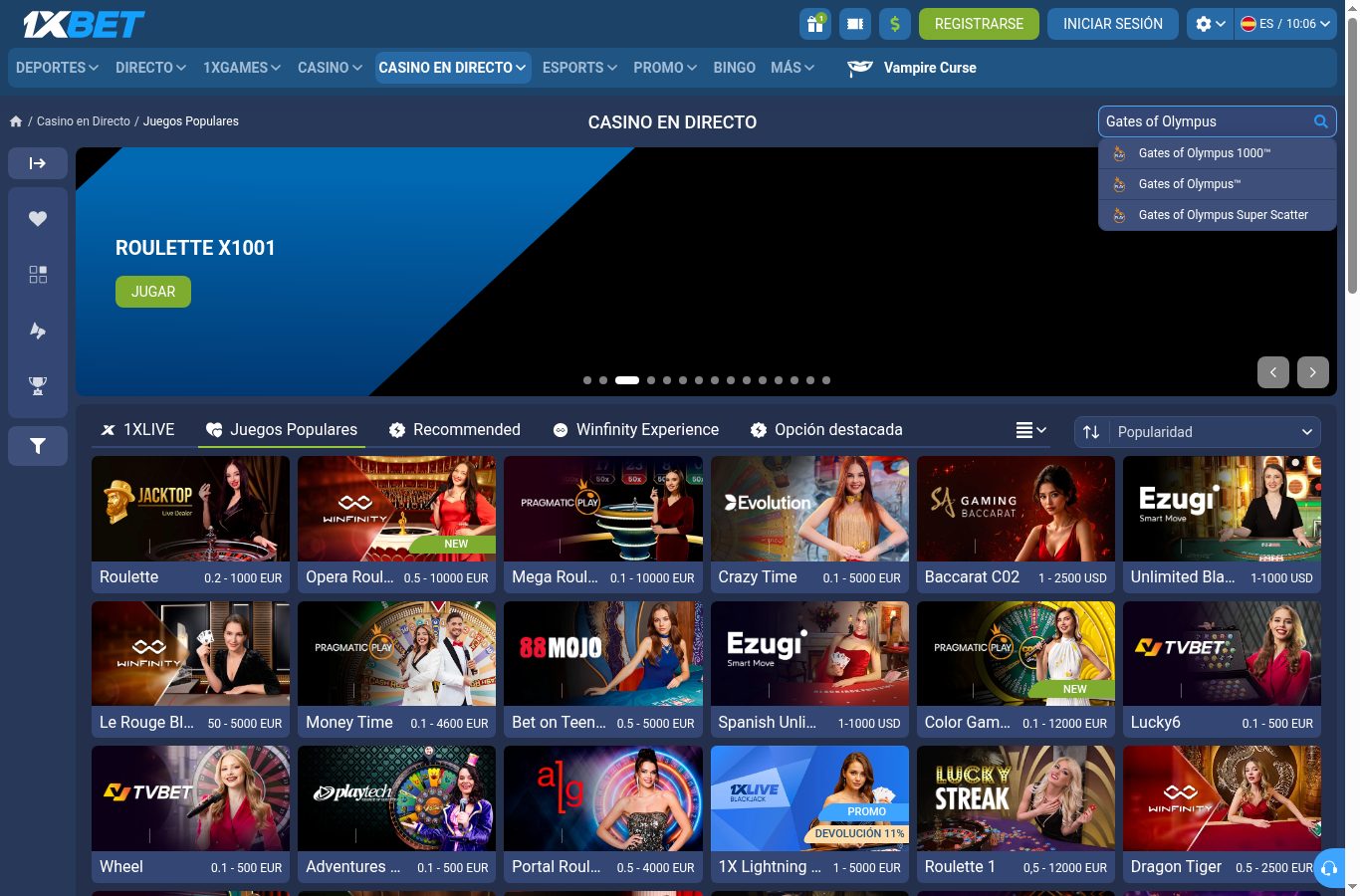 Búsqueda de juegos populares en el casino de 1xBet (agosto 2026)