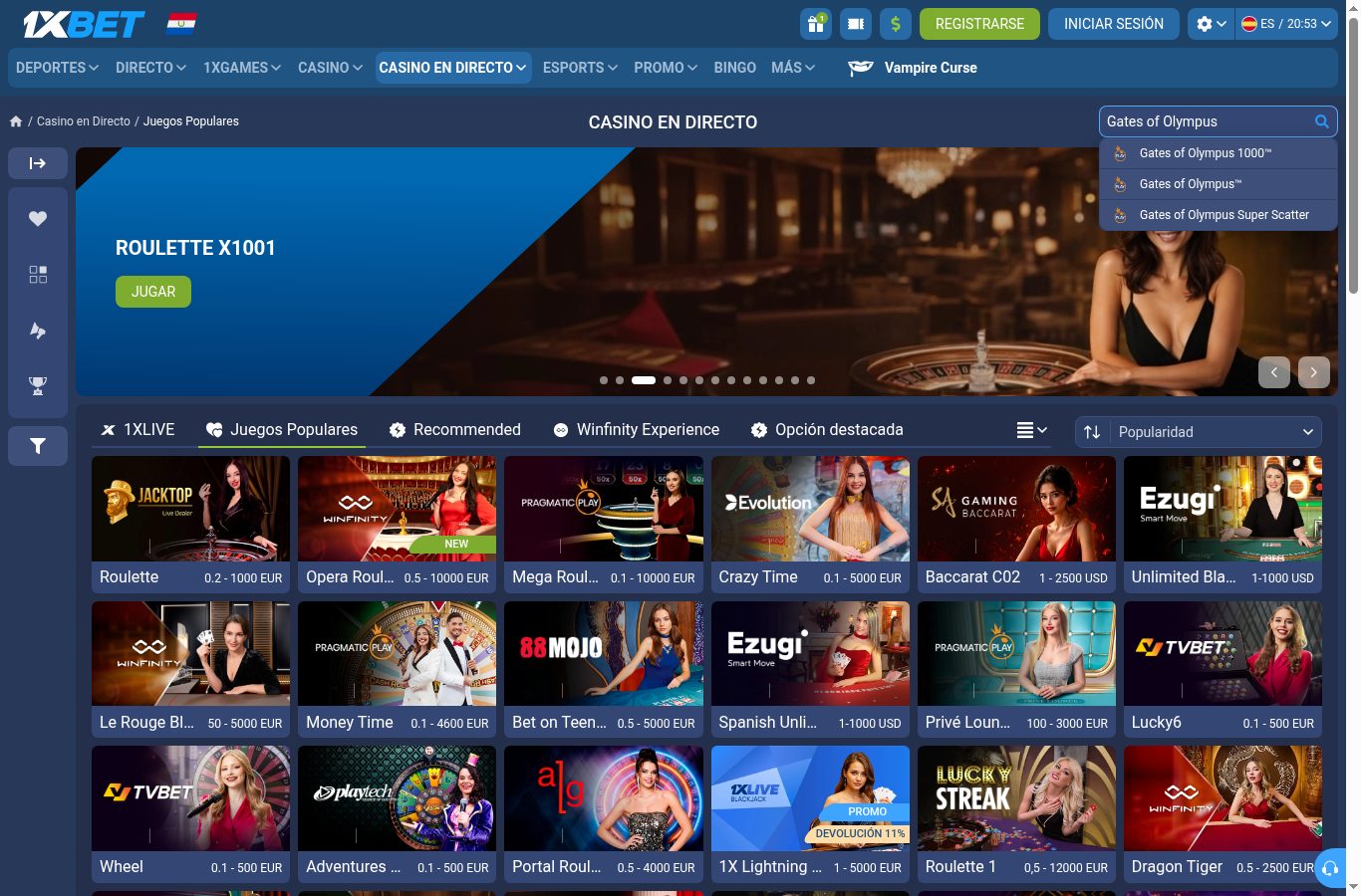 Búsqueda de juegos populares en el casino de 1xBet (agosto 2026)
