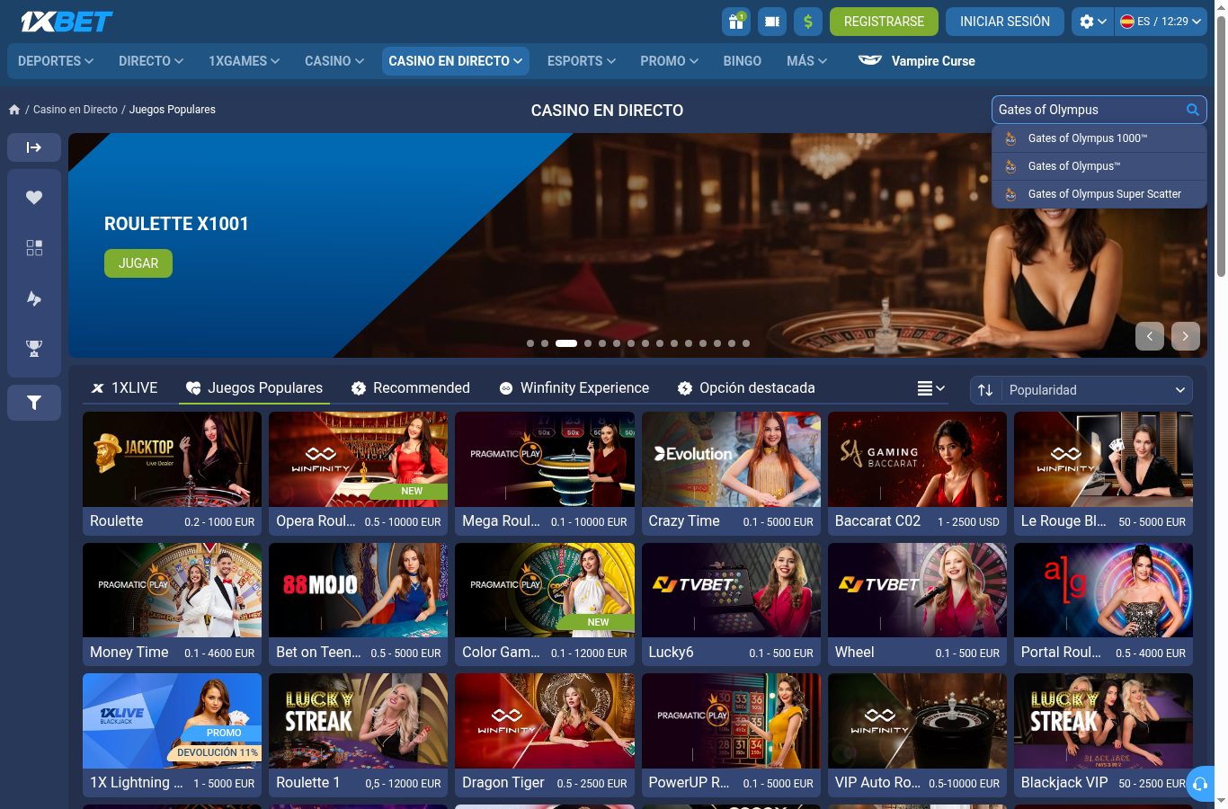 Búsqueda de juegos populares en el casino de 1xBet (agosto 2026)