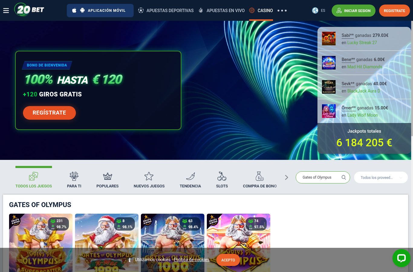 Búsqueda de juegos populares en el casino de 20Bet (agosto 2026)