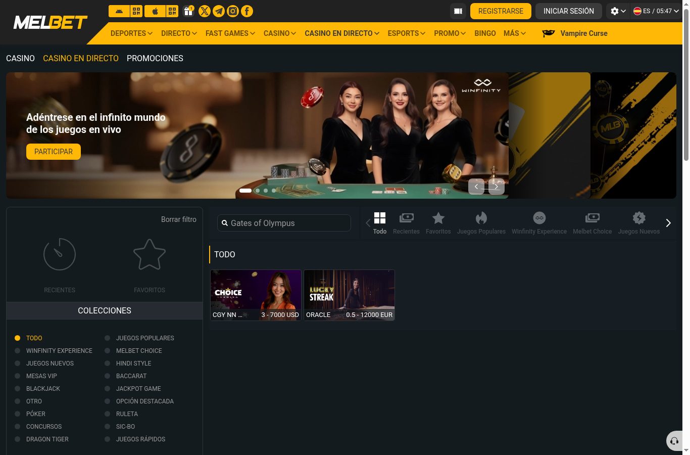 Búsqueda de juegos populares en el casino de MelBet (agosto 2026)