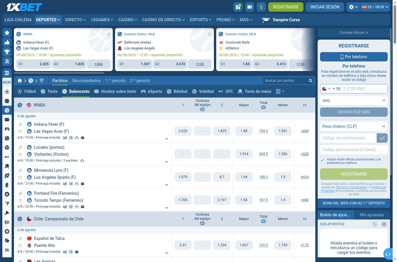 Mercados de otro deporte en 1xBet vistos desde Chile (agosto 2026)