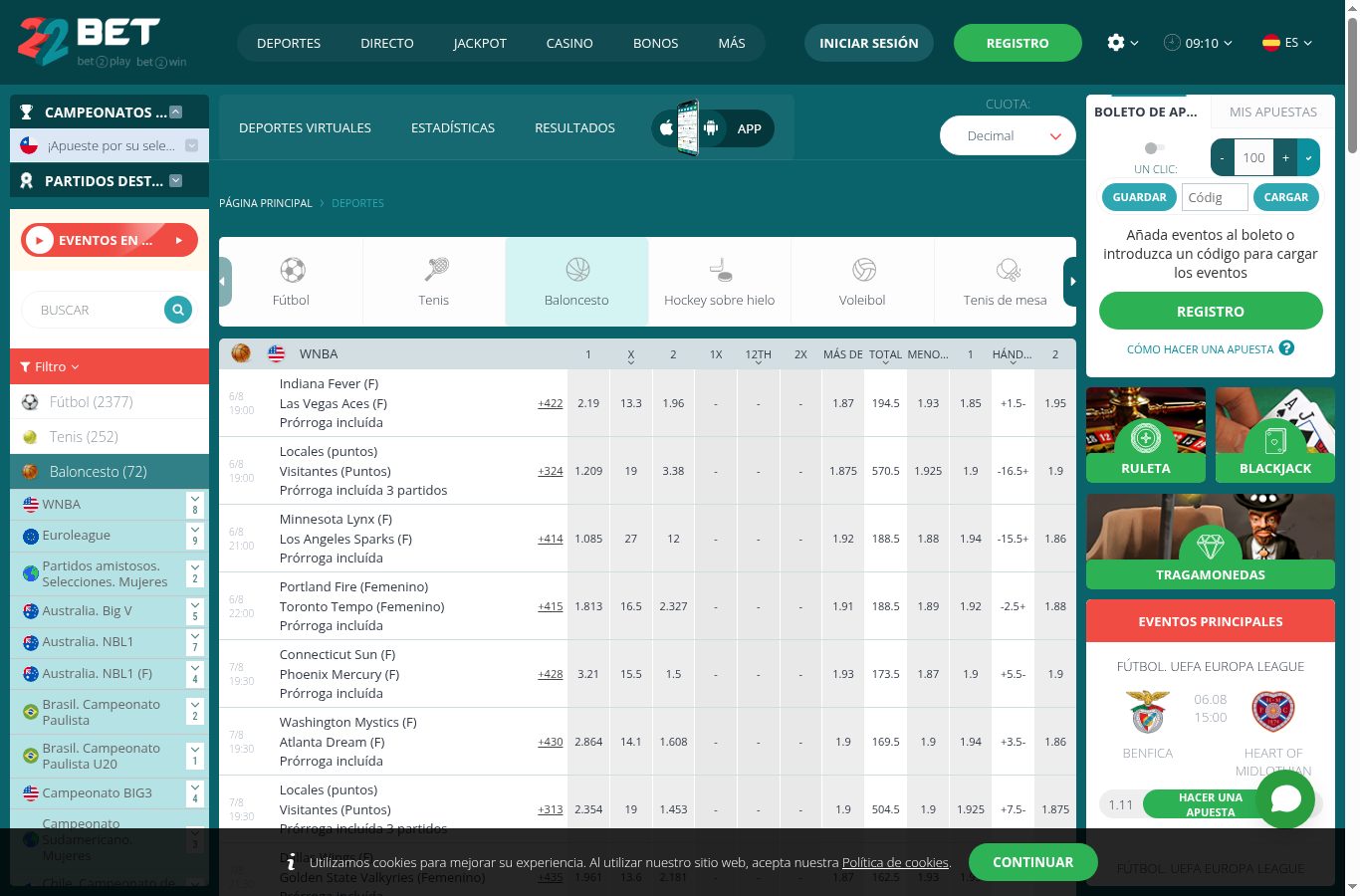 Mercados de otro deporte en 22Bet vistos desde Chile (agosto 2026)