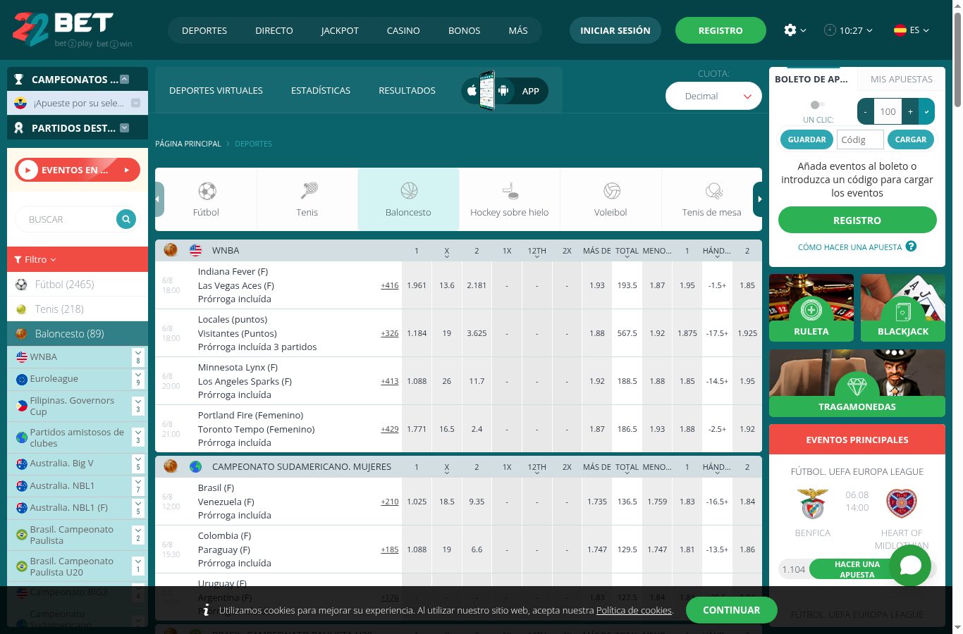 Mercados de otro deporte en 22bet vistos desde Ecuador (agosto 2026)
