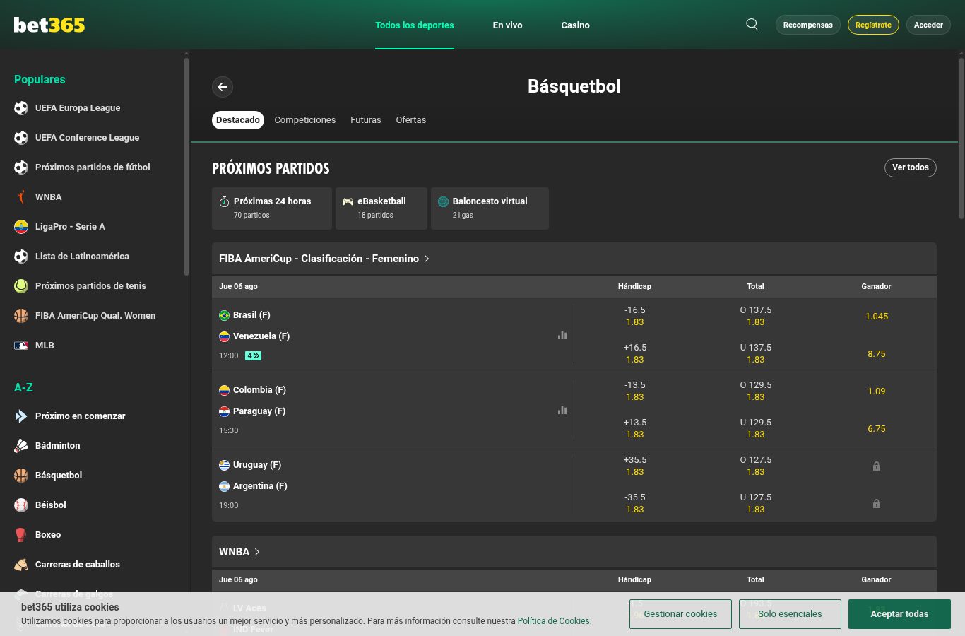 Mercados de otro deporte en Bet365 vistos desde Ecuador (agosto 2026)