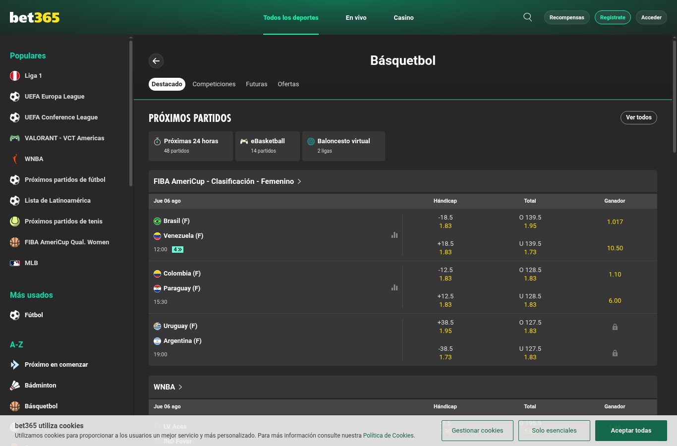 Mercados de otro deporte en bet365 vistos desde Perú (agosto 2026)