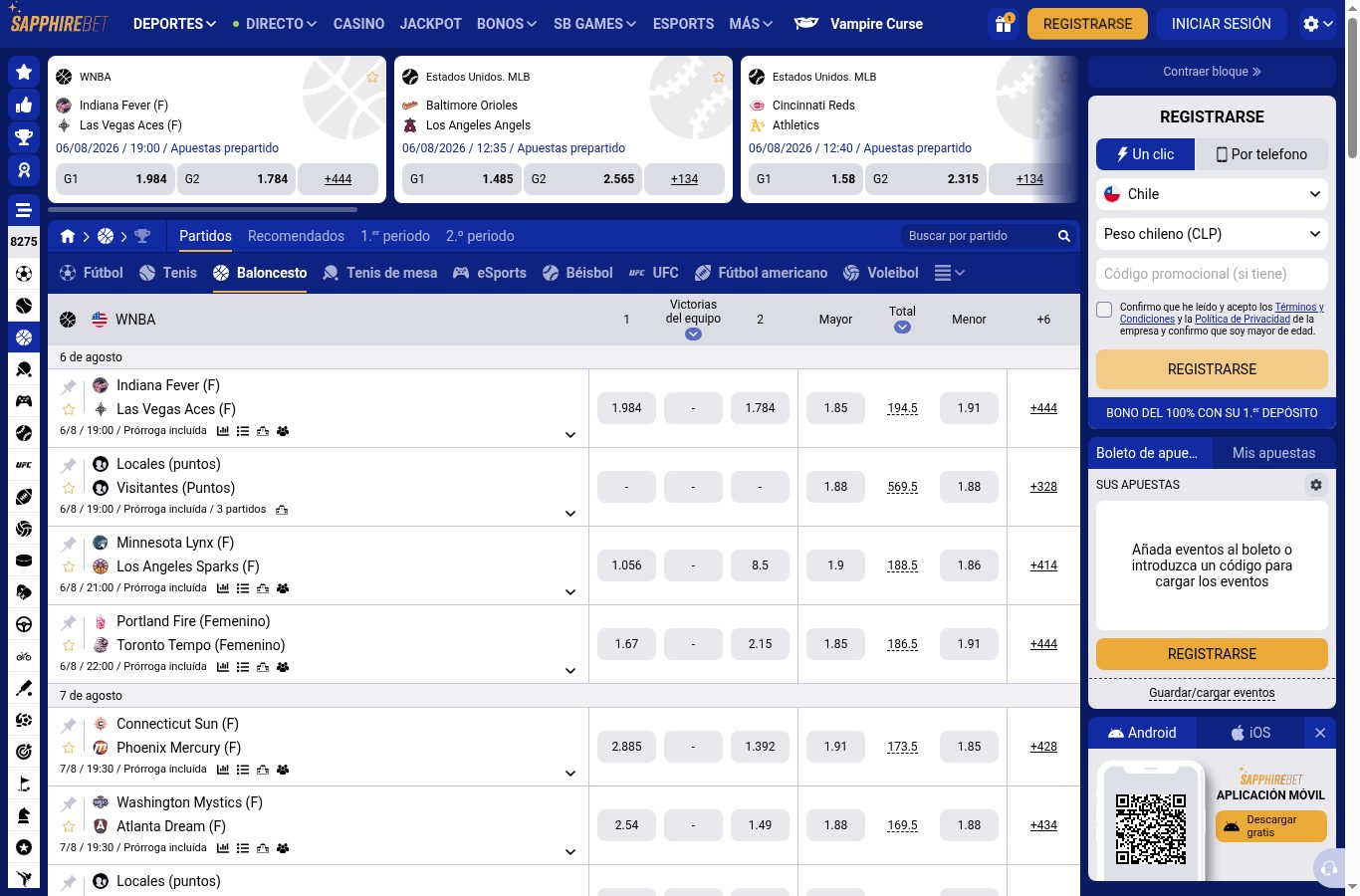 Mercados de otro deporte en SapphireBet vistos desde Chile (agosto 2026)