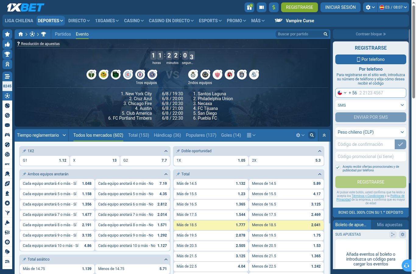 Mercados de apuestas de un partido de fútbol en 1xBet (agosto 2026)