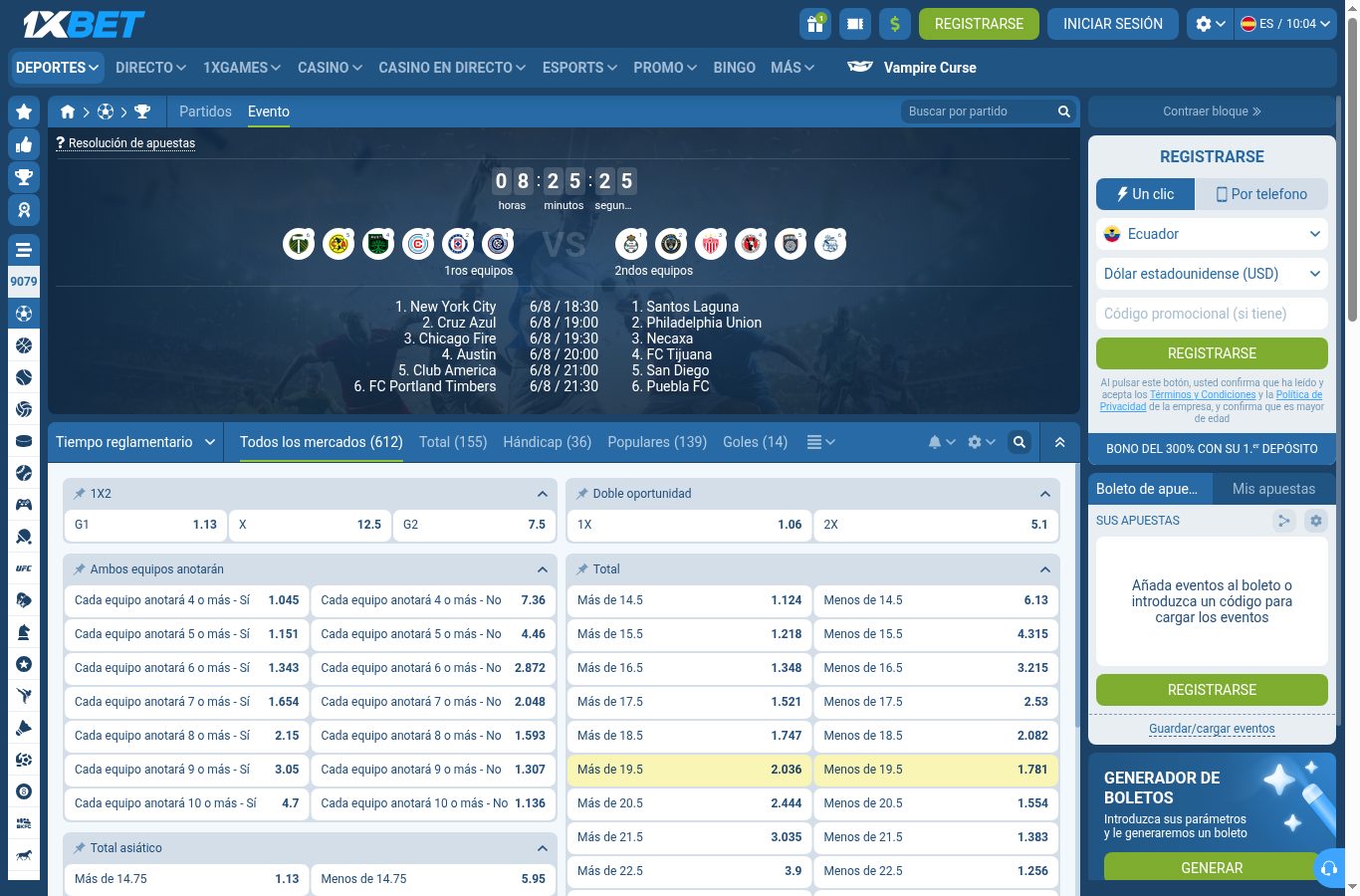 Mercados de apuestas de un partido de fútbol en 1xBet (agosto 2026)