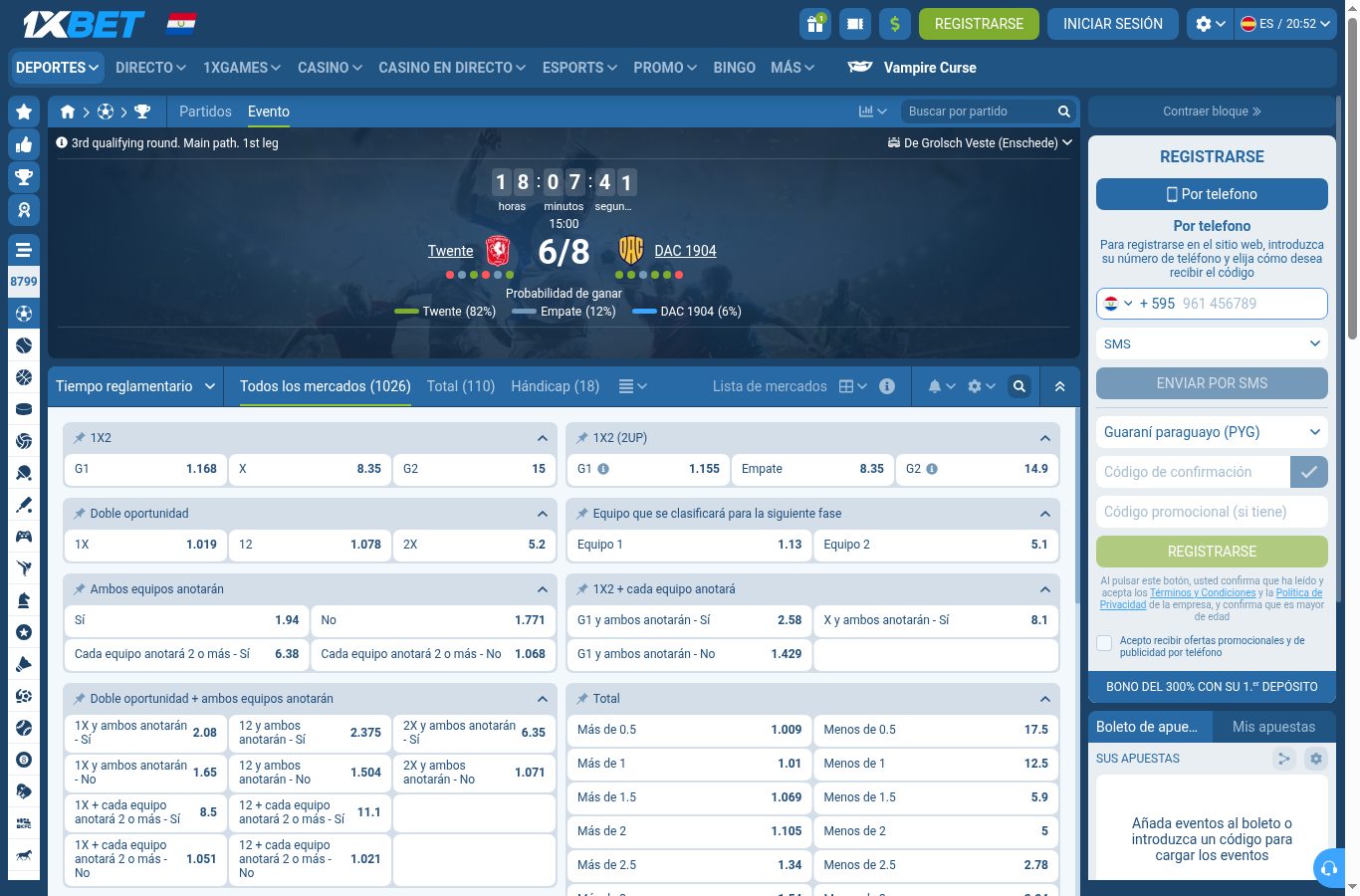 Mercados de apuestas de un partido de fútbol en 1xBet (agosto 2026)