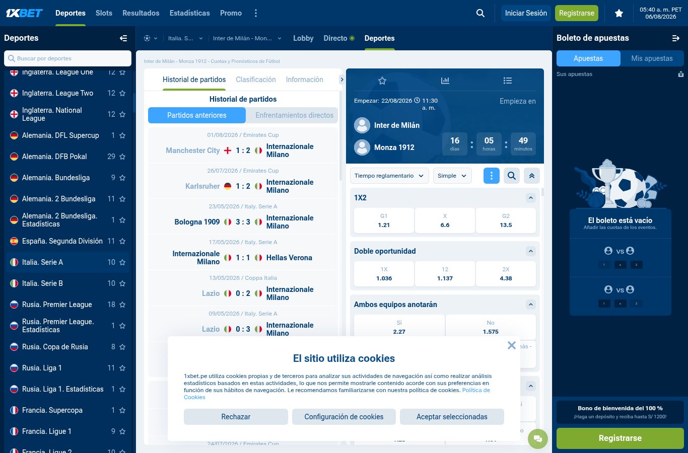 Mercados de apuestas de un partido de fútbol en 1xBet (agosto 2026)
