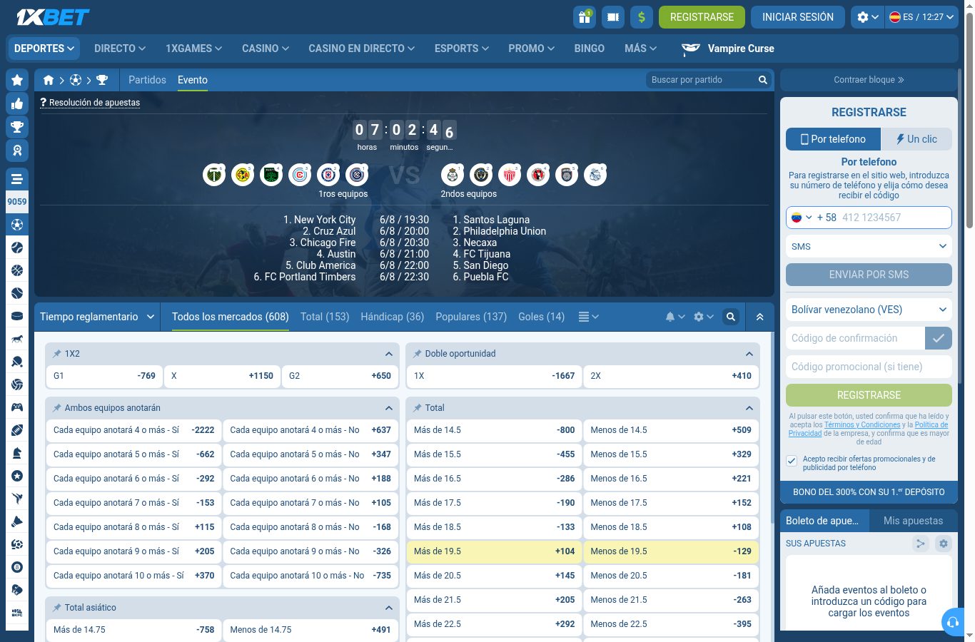 Mercados de apuestas de un partido de fútbol en 1xBet (agosto 2026)