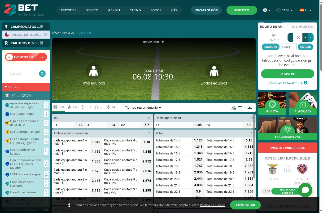 Mercados de apuestas de un partido de fútbol en 22Bet (agosto 2026)