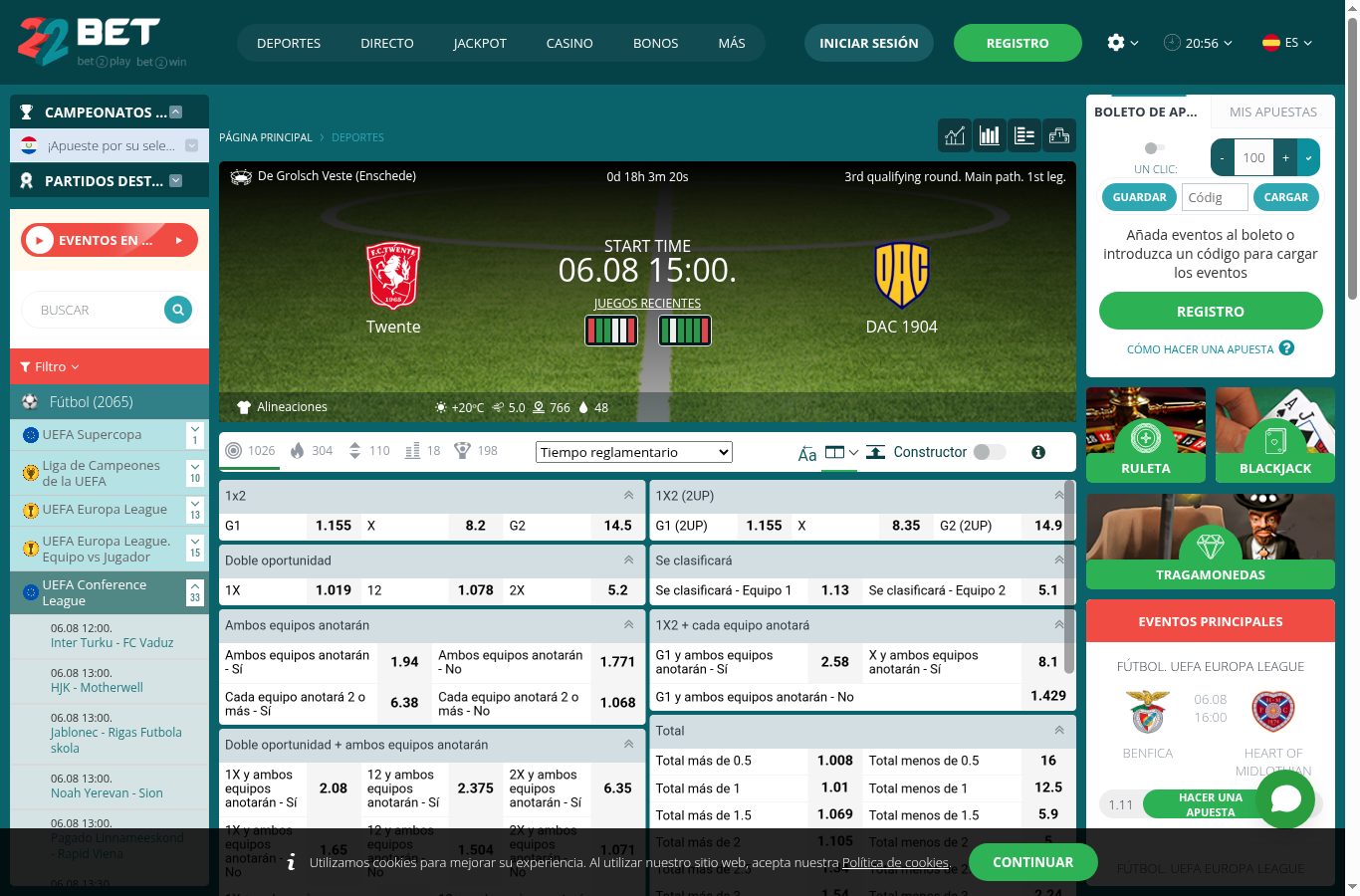 Mercados de apuestas de un partido de fútbol en 22Bet (agosto 2026)