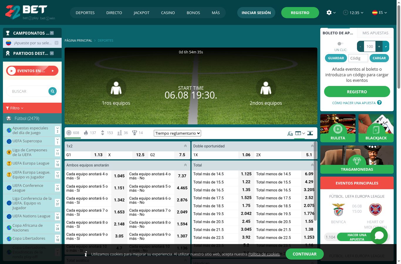 Mercados de apuestas de un partido de fútbol en 22Bet (agosto 2026)