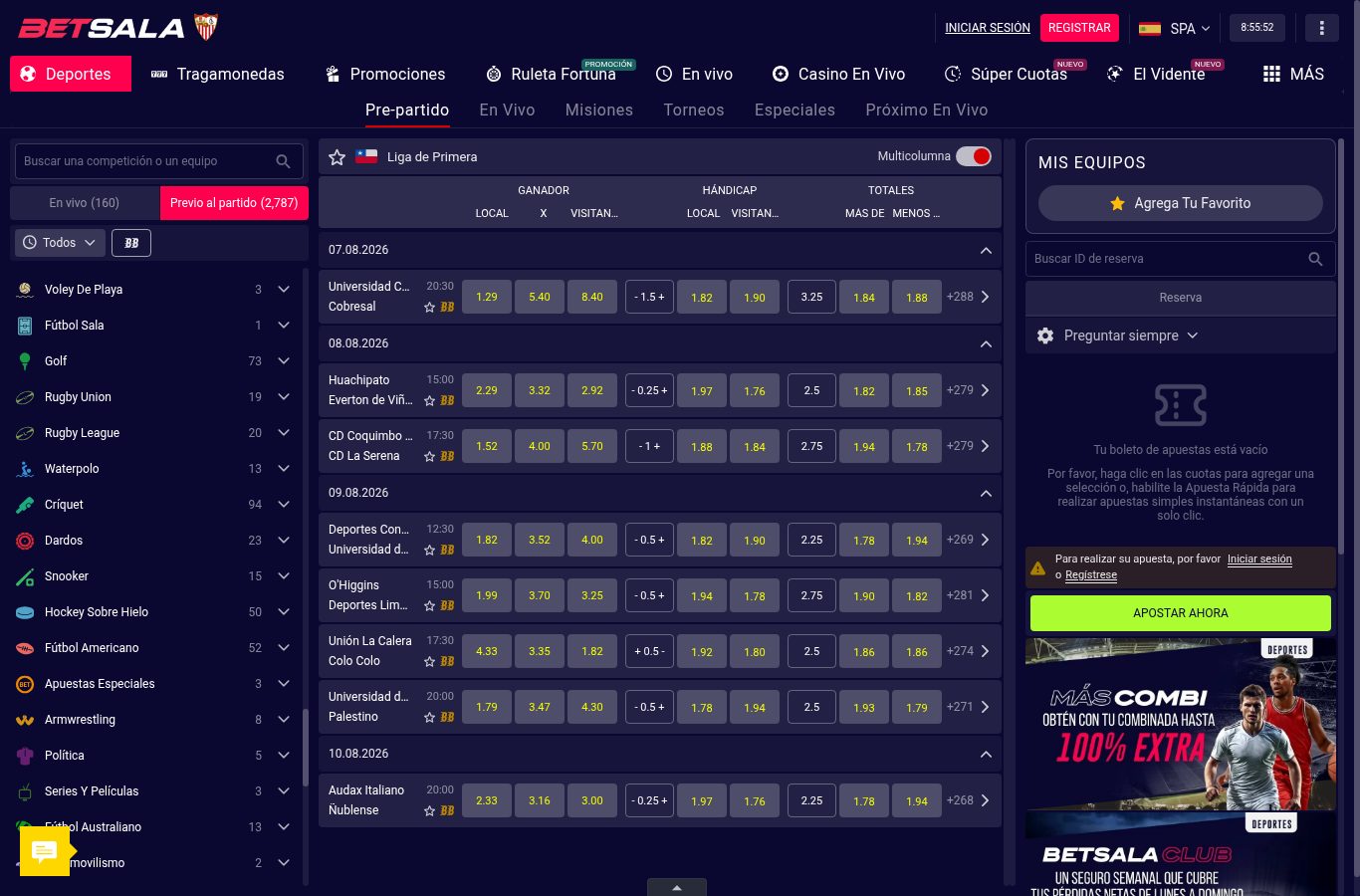 Mercados de apuestas de un partido de fútbol en Betsala (agosto 2026)