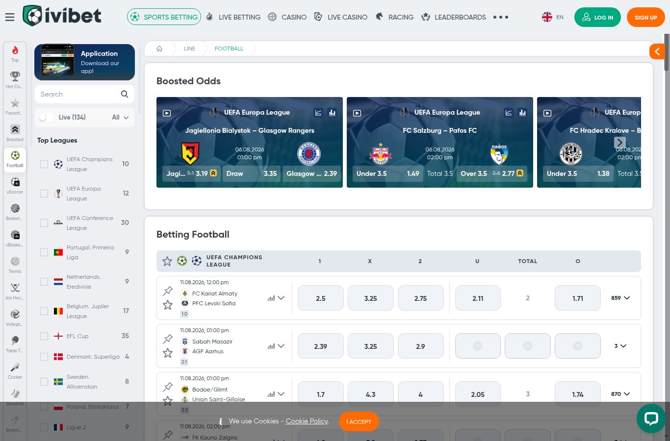 Mercados de apuestas de un partido de fútbol en IviBet (agosto 2026)