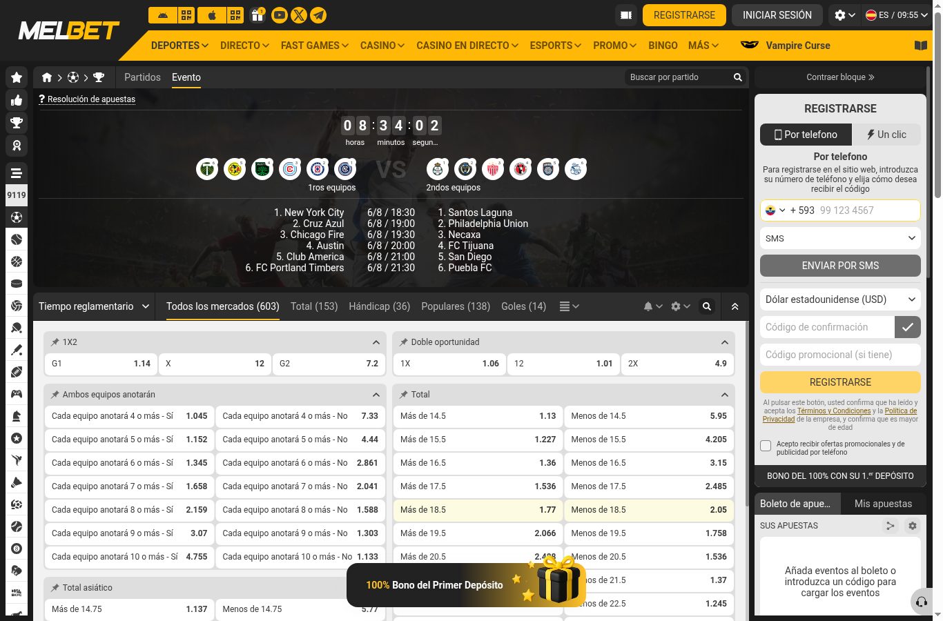 Mercados de apuestas de un partido de fútbol en Melbet (agosto 2026)