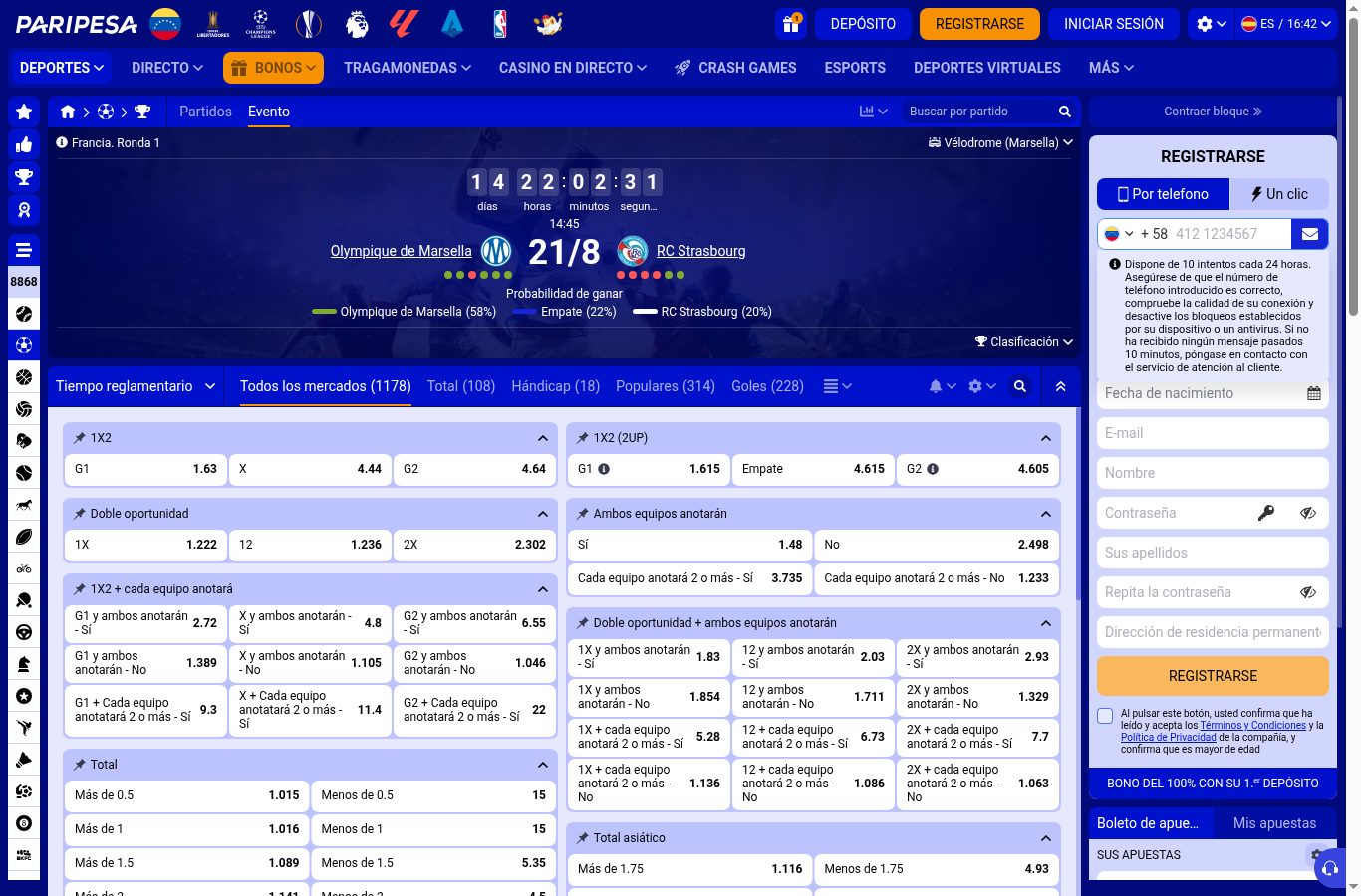 Mercados de apuestas de un partido de fútbol en Paripesa (agosto 2026)