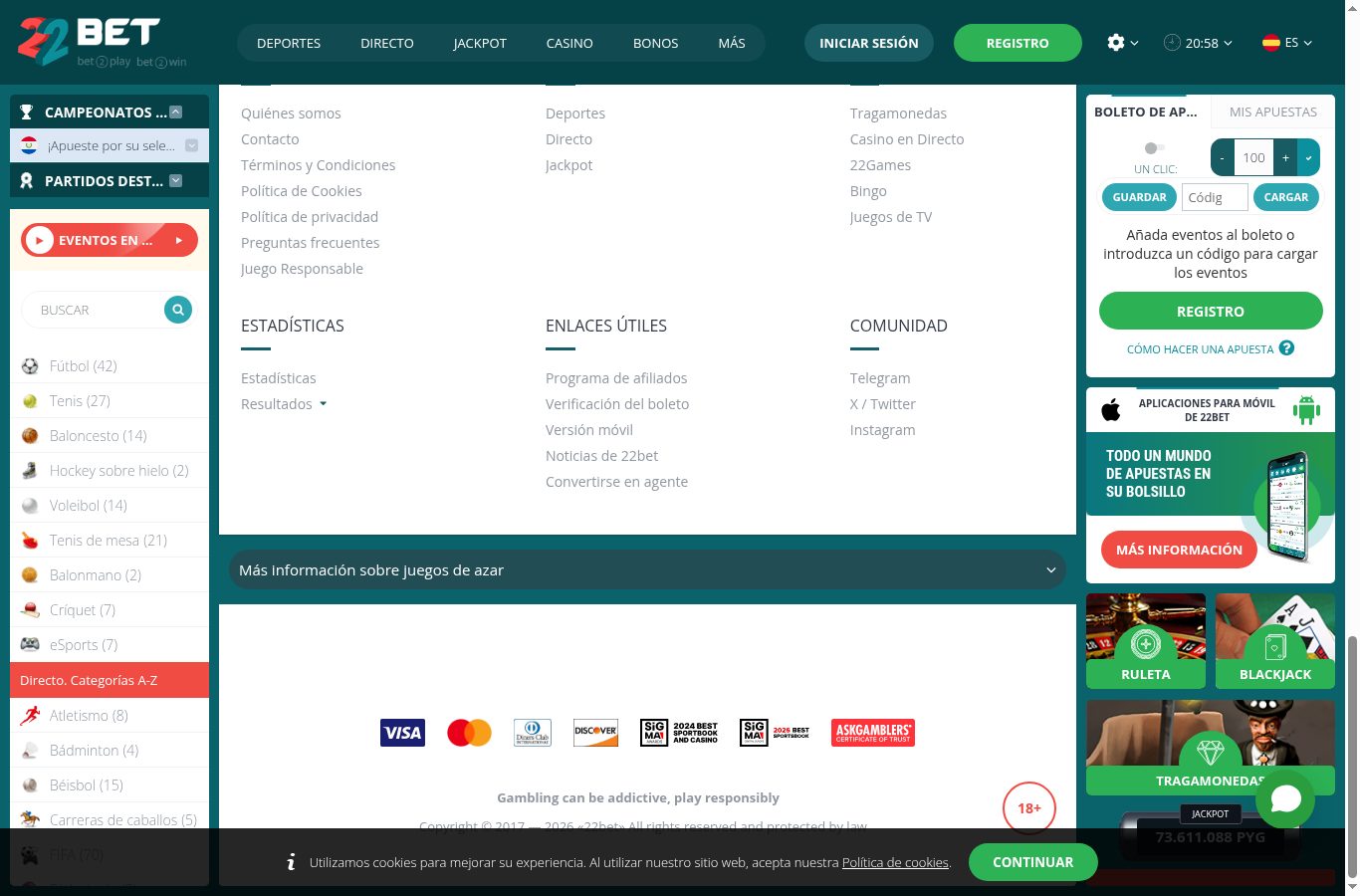 Métodos de pago y sellos de 22Bet vistos desde Paraguay (agosto 2026)