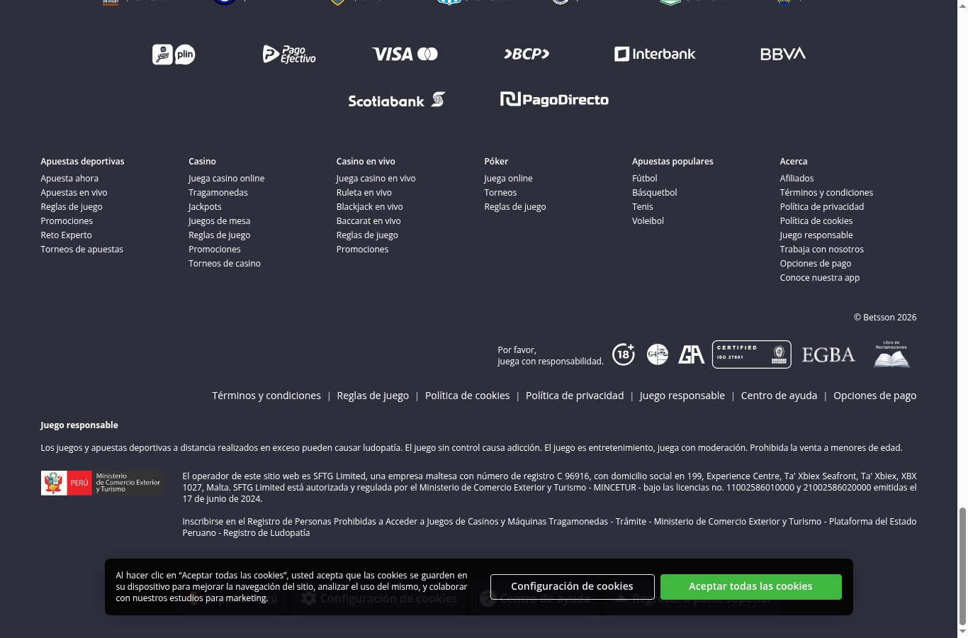 Métodos de pago y sellos de Betsson vistos desde Perú (agosto 2026)